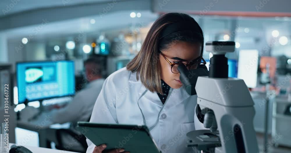 Microscope, science and tablet with woman in laboratory for development of cure, medicine or treatment. Biotechnology, innovation and research with scientist in clinical trial for breakthrough Microscope, science and tablet with woman in laboratory for development of cure, medicine or treatment. Biotechnology, innovation and research with scientist in clinical trial for breakthrough
