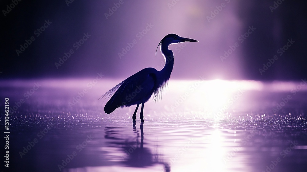 Fototapeta premium Heron Silhouette at Dawn, Water Reflection