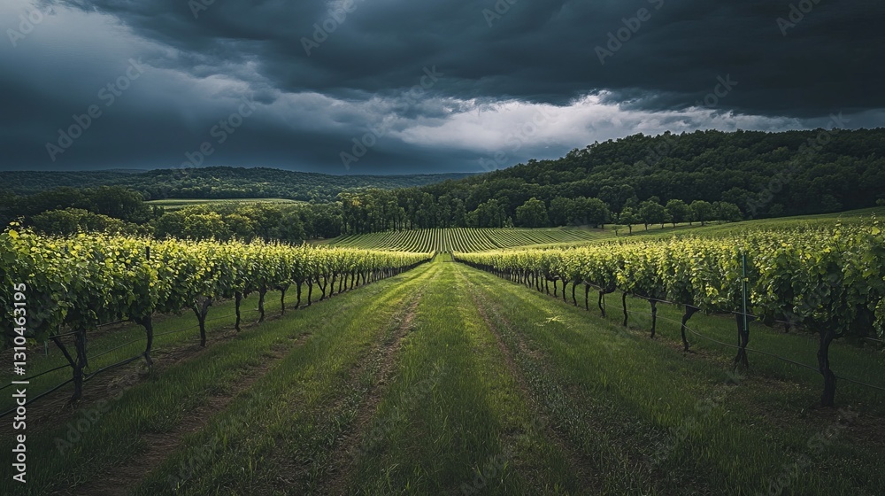 Fototapeta premium Serene Vineyard Landscape Under Dramatic Storm Clouds Lush Green Grapevines Rolling Hills Picturesque Scenery Dramatic Sky Vineyard Rows Nature 