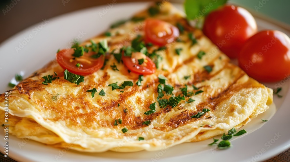 Delicious plain omelette garnished with fresh tomatoes and herbs Delicious plain omelette garnished with fresh tomatoes and herbs