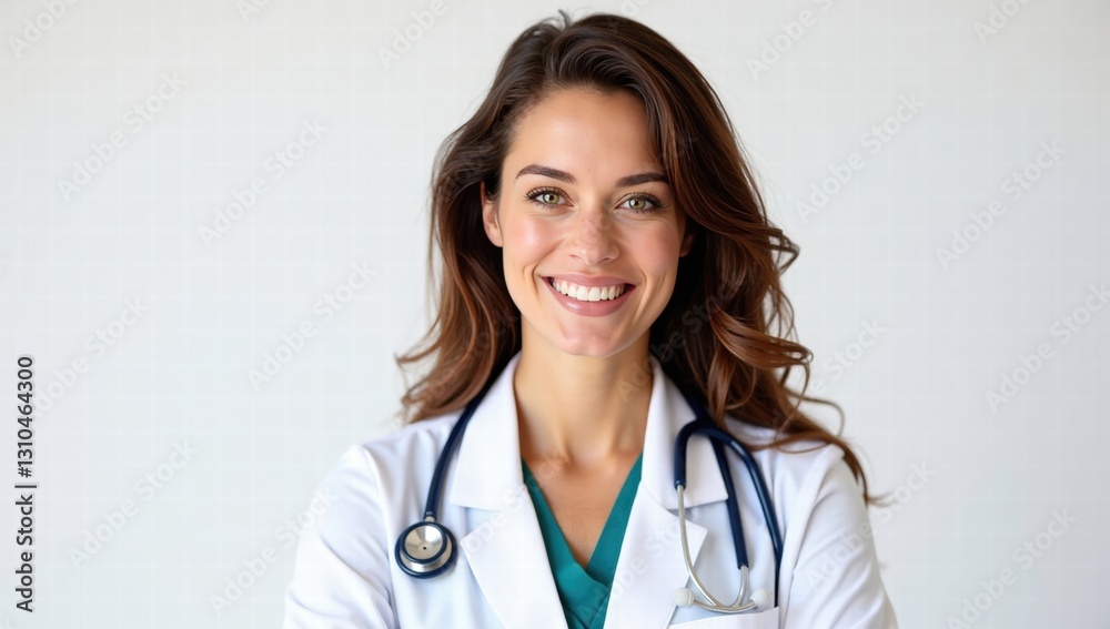 Professional Female Doctor Portrait with Smile, Wavy Brown Hair, White Coat, Stethoscope, Clean White Background, Soft Lighting Professional Female Doctor Portrait with Smile, Wavy Brown Hair, White Coat, Stethoscope, Clean White Background, Soft Lighting