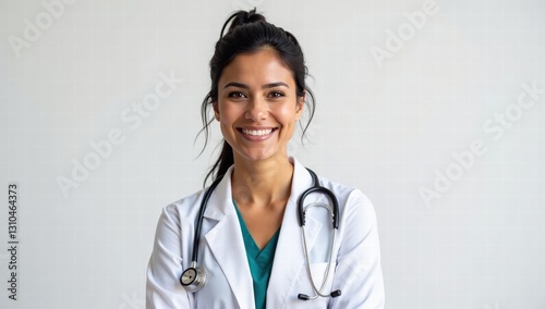 Smiling Female Physician in Medical Coat with Stethoscope against White Background