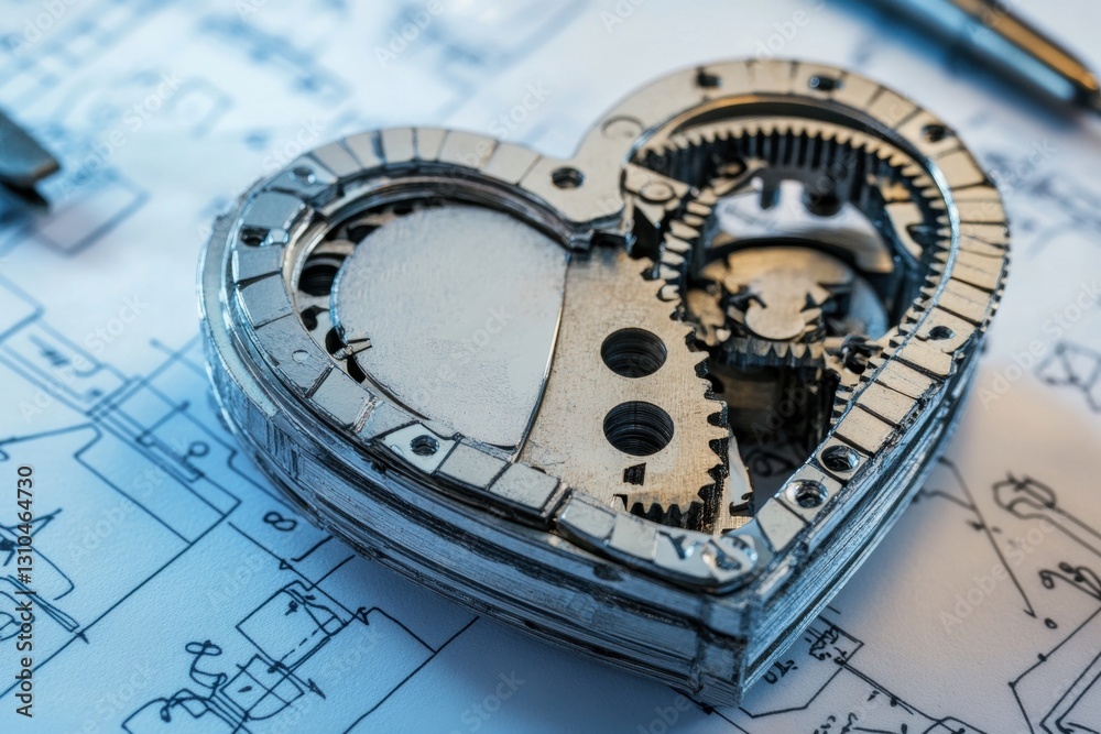 Mechanical Heart with Engineering Blueprint Background Mechanical Heart with Engineering Blueprint Background