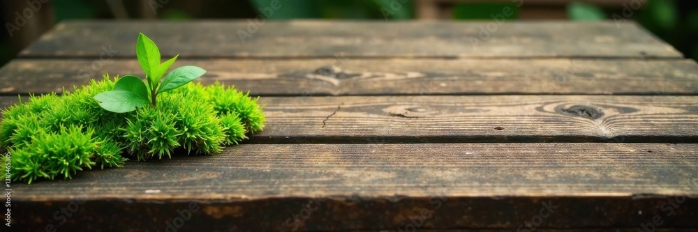 Distressed wood table with a hint of green moss growing on it, wooden planks and natural fibers , moss, growing
