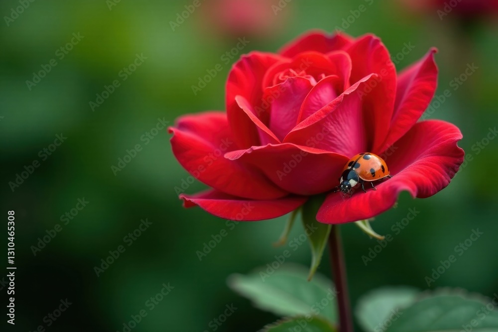 Ladybug perched on a single red rose petal, delicate petals unfolding around it, ladybug, red rose, insect life Ladybug perched on a single red rose petal, delicate petals unfolding around it, ladybug, red rose, insect life