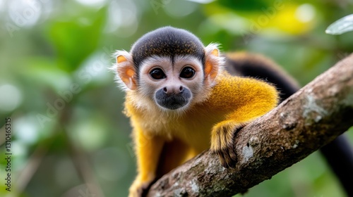 Vibrant Guianan squirrel monkey perched on a branch in lush greenery