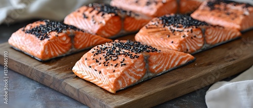 Delicious Sesame Crusted Salmon Fillet on Wooden Board