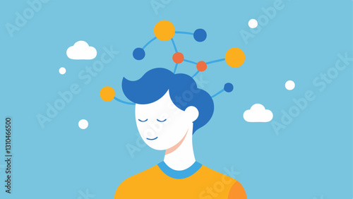 Stress Relief An illustration of a person releasing stress with calm vibes flowing from their head accompanied by serotonin molecules fading away.