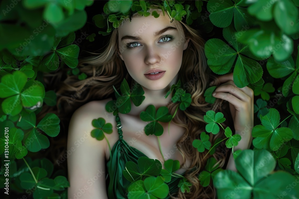 Beautiful Model in St. Patrick's Day Costume Holding a Shamrock Plant in a Lush Shamrock Garden Beautiful Model in St. Patrick's Day Costume Holding a Shamrock Plant in a Lush Shamrock Garden