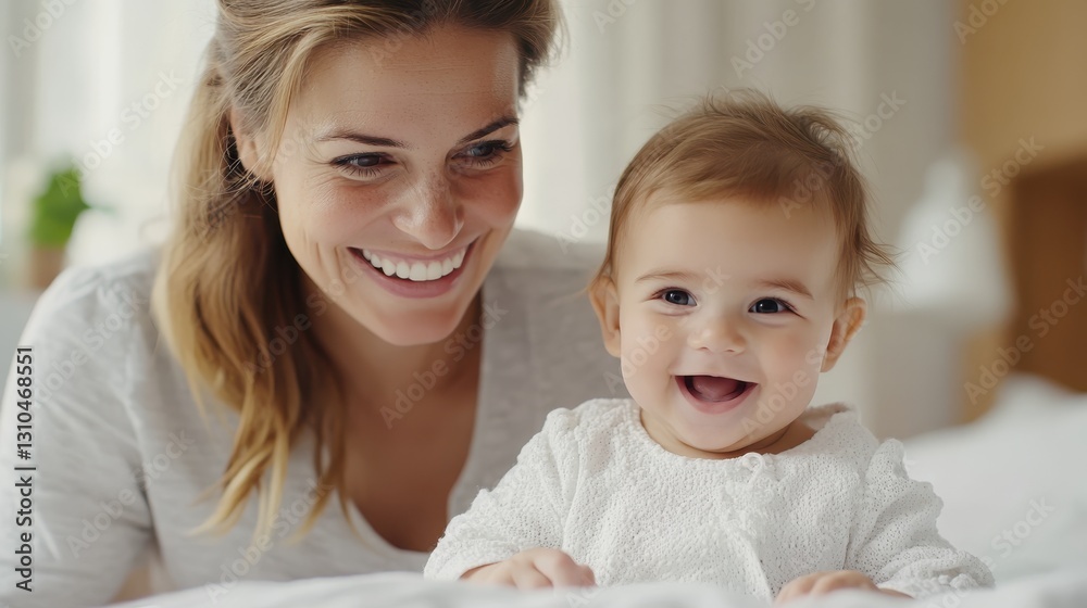 Joyful moments shared between mother and baby in cozy bedroom Joyful moments shared between mother and baby in cozy bedroom