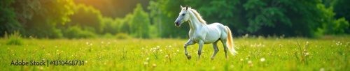 Majestic unicorn mare prances through a lush meadow, fantasy world, mythical creatures, forest scenery
