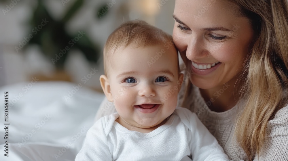 Young mother enjoys playful moments with her baby daughter on cozy bed Young mother enjoys playful moments with her baby daughter on cozy bed
