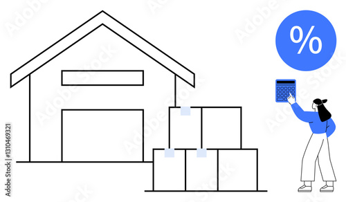 Warehouse with stacked boxes, woman holding calculator under percentage sign. Ideal for logistics, storage, discounting, e-commerce, inventory, pricing strategy business efficiency. Flat simple