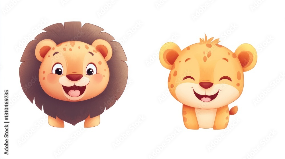 Two smiling cartoon big cats with cute expressions on their faces Two smiling cartoon big cats with cute expressions on their faces