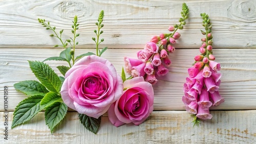 Elegant Still Life: Pink Roses & Foxgloves on White Wood