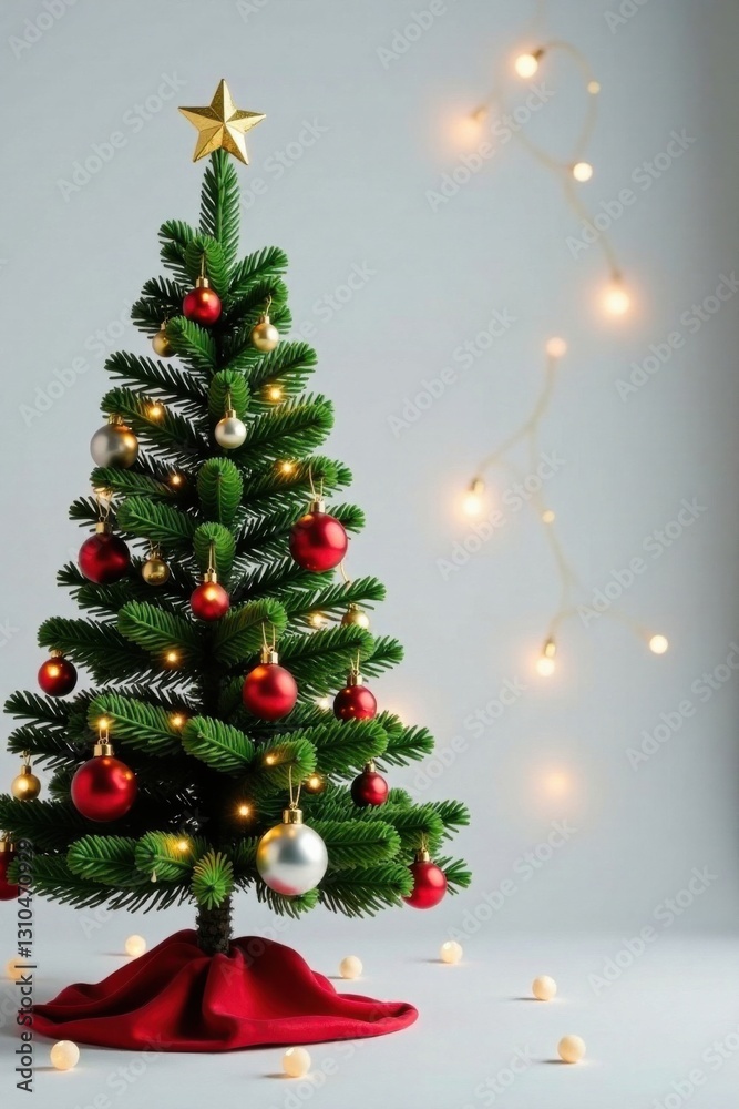 Spruce tree against a white Christmas background with sparkling lights and festive ornaments, snowy landscape, lighted tree