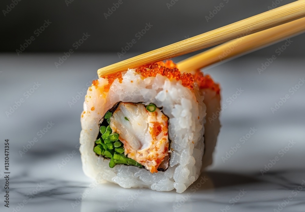 Freshly Rolled Sushi with Spicy Crab, Avocado, and Green Lettuce, Held with Bamboo Chopsticks Over Elegant Marble Surface Freshly Rolled Sushi with Spicy Crab, Avocado, and Green Lettuce, Held with Bamboo Chopsticks Over Elegant Marble Surface