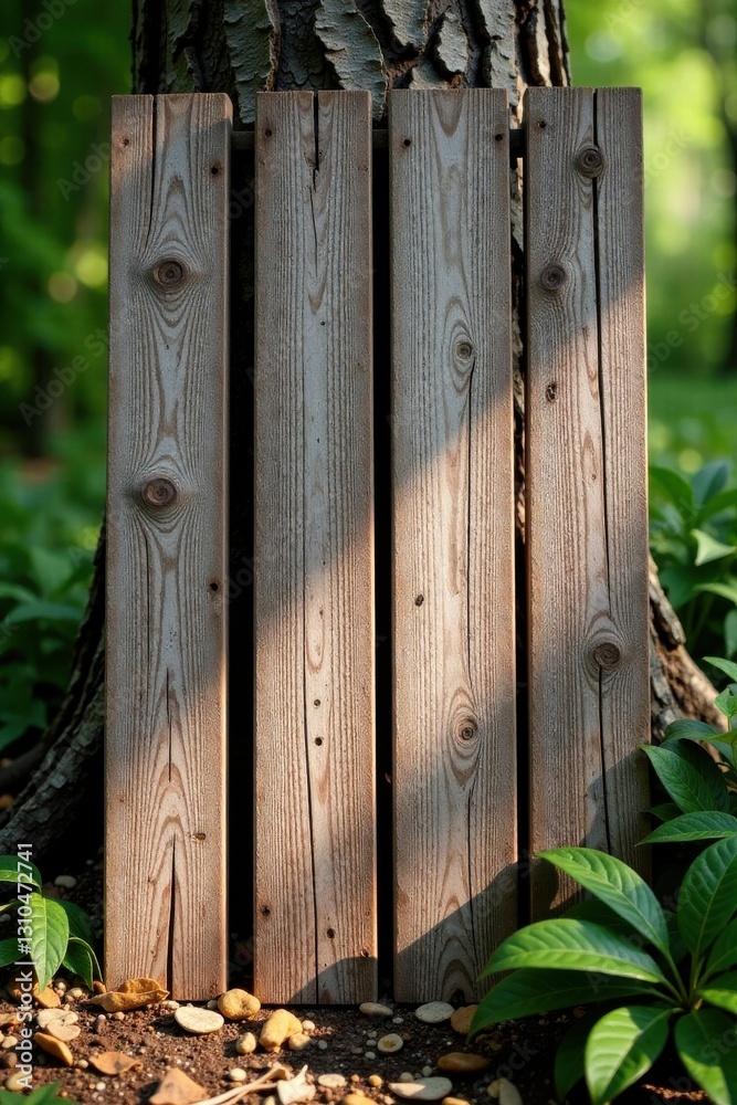 Weathered wooden planks placed vertically against a tree trunk, tree trunk, nature scene Weathered wooden planks placed vertically against a tree trunk, tree trunk, nature scene