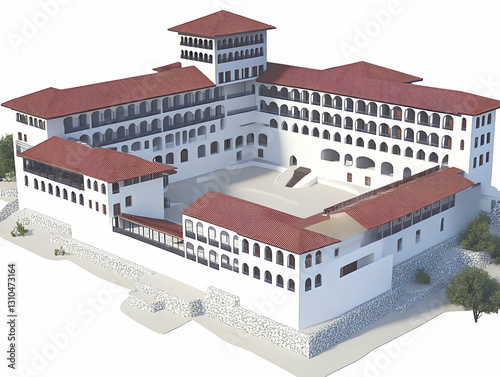 3D Model of a White Monastery with Red Tile Roofs photo