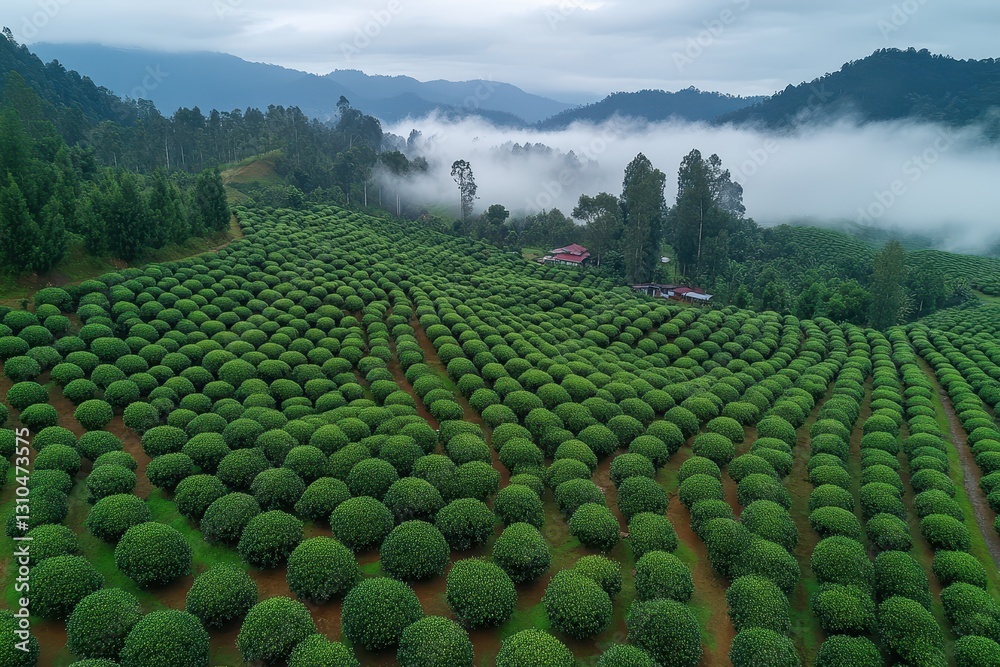 Fototapeta premium Lush Green Tea Plantation Landscape Surrounded by Misty Mountains