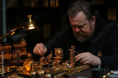 Craftsmanship in Action: Artisan Working with Intricate Clock Mechanisms and Gold Details