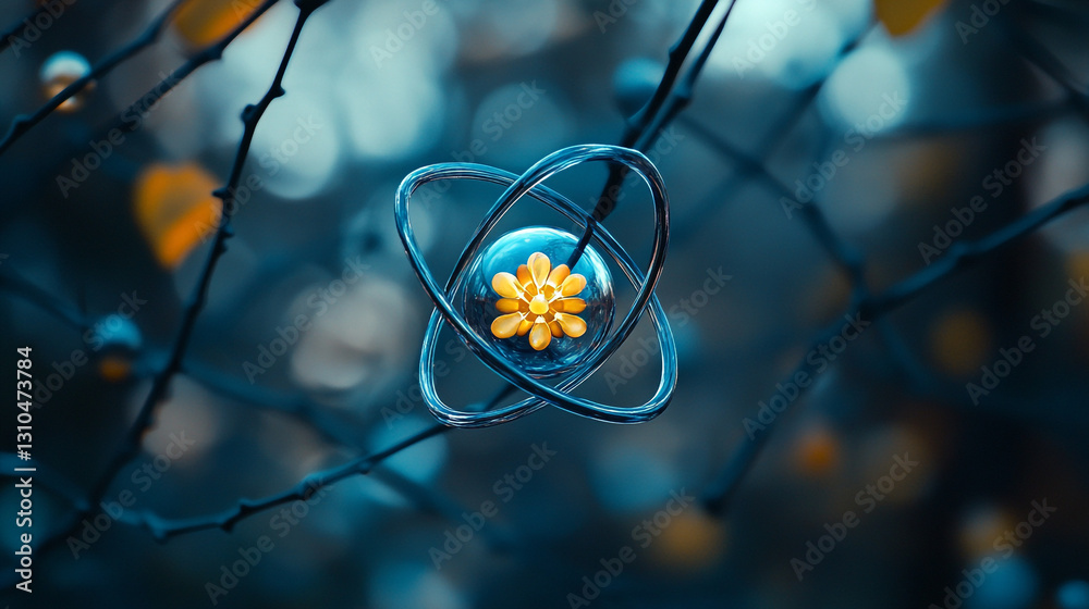 Abstract artistic atom flower nature design blue yellow background up macro close.
