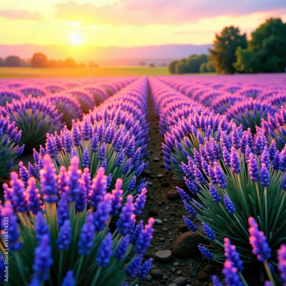 Obraz premium Morning sunlit field with a sea of purple lavender swaying gently in the breeze, wildflowers , landscape, field