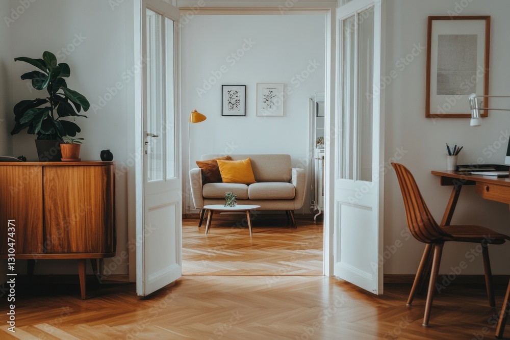 Fototapeta premium Bright apartment interior with hardwood floors, mid-century furniture, and home office.
