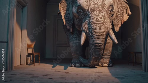 Elephant in the Room Concept – Symbolic Representation of an Oversized Elephant Dominating a Small Space, Highlighting Unspoken Issues and Tension in a Thought-Provoking Visual Metaphor