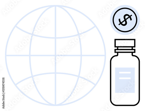 Medicine bottle with globe and dollar sign. Ideal for healthcare, economy, global medicine, pharmaceutical industry, medical research, accessibility, health policy. Flat simple metaphor