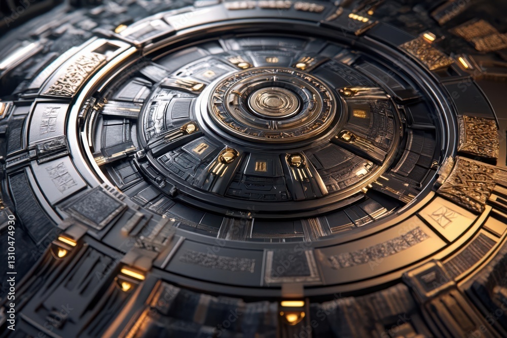 Intricate metallic circular design with glowing elements and detailed engravings in a futuristic setting Intricate metallic circular design with glowing elements and detailed engravings in a futuristic setting
