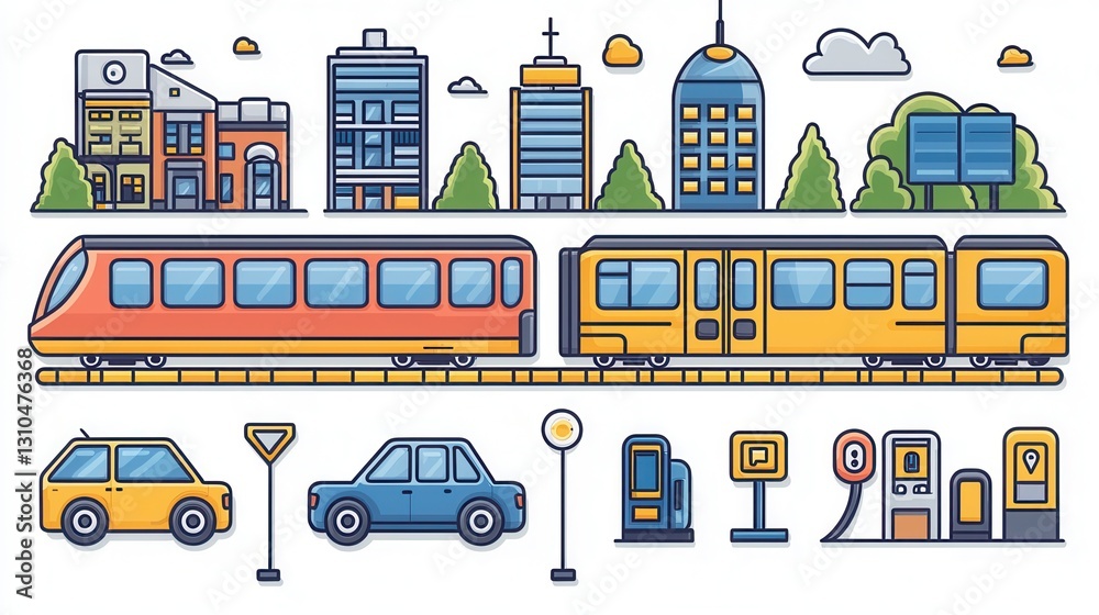 Naklejka premium Comprehensive depicting a modern urban landscape with a variety of transportation modes and infrastructure including trains buses cars and alternative energy solutions