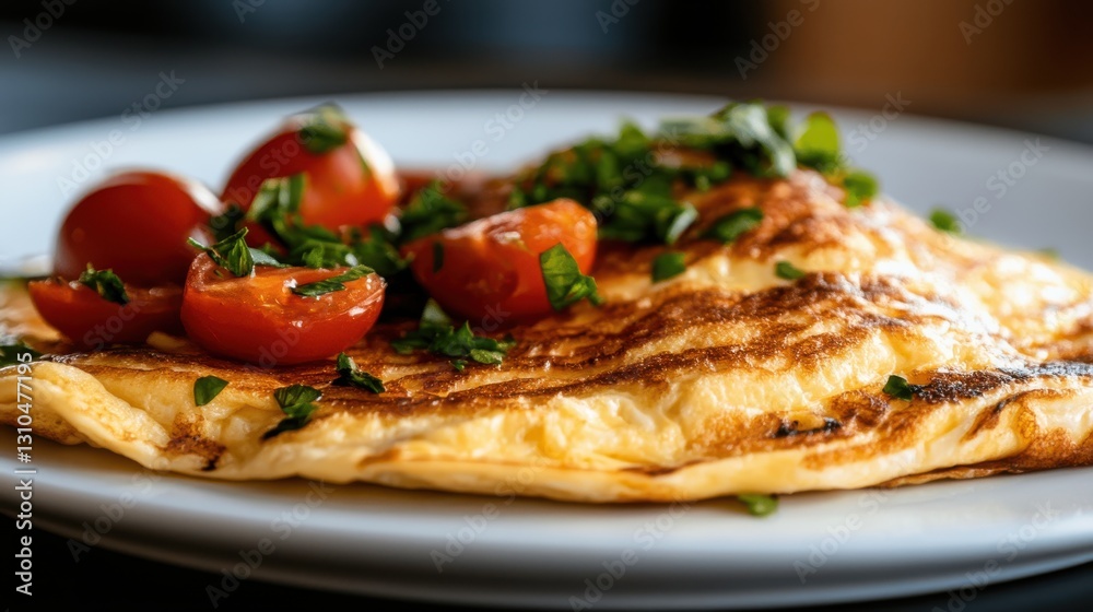 Satisfying plain omelette garnished with fresh herbs and tomatoes Satisfying plain omelette garnished with fresh herbs and tomatoes