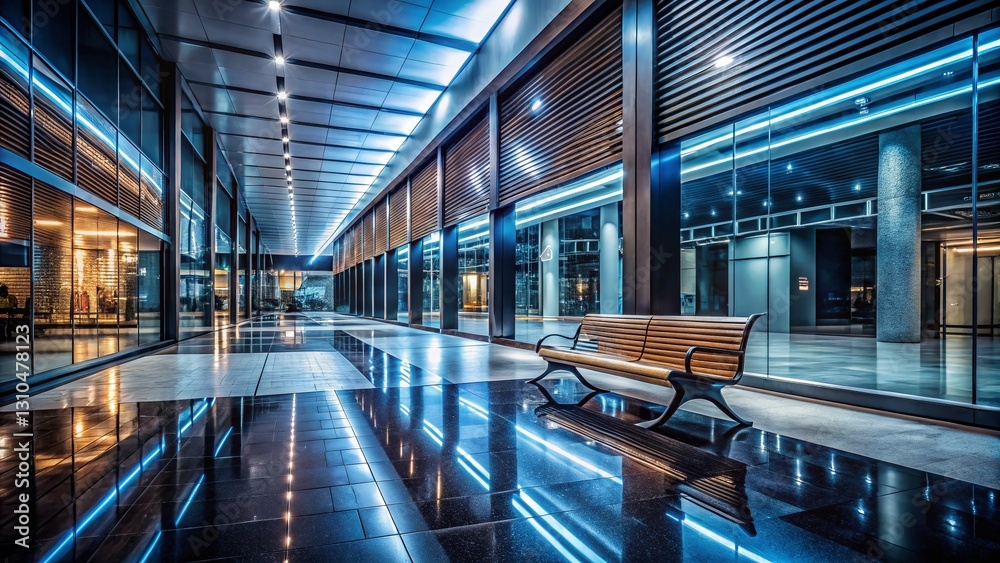 Fototapeta premium Empty Modern Mall Hallway at Night - Wide Angle Double Exposure Photography