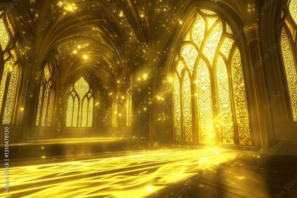 Obraz premium Golden light streams through ornate stained glass windows in an enchanting hall, creating a magical atmosphere