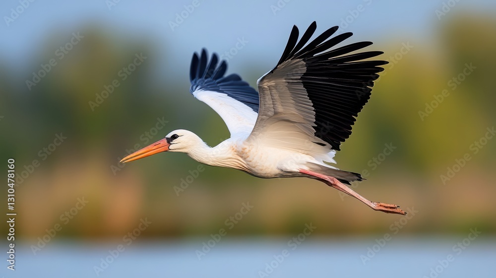 Naklejka premium Majestic white stork soaring gracefully against a vibrant backdrop