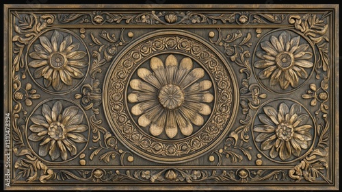 Ornate relief sculpture featuring floral patterns and intricate detailing on a textured background