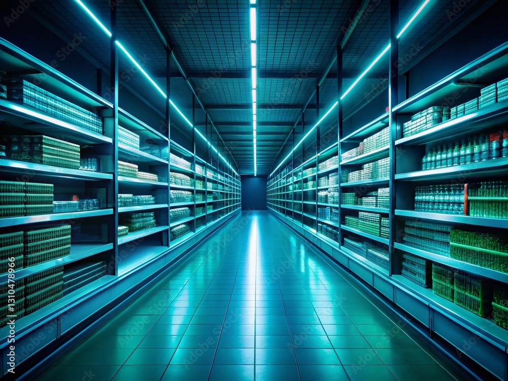 Fototapeta premium Empty Supermarket Shelves Nighttime - Abandoned Grocery Store Aisles at Dark