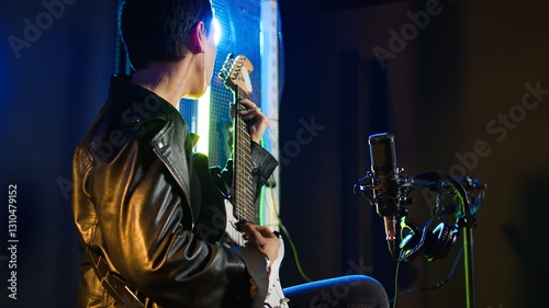 Pop star in leather jacket performs a song in a live concert hall, powerful artist with an amazing melodic voice. Bold grunge musician singing alternative music for a show. Camera A.