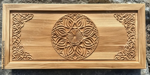 Intricately carved wooden panel featuring a floral mandala design on a rustic surface
