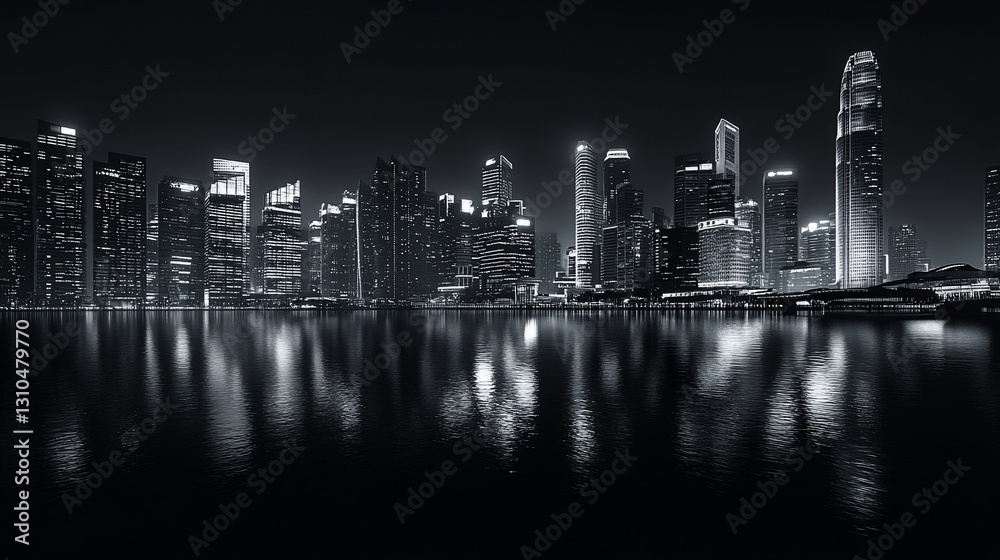 Night city skyline, water reflection, dark tones Night city skyline, water reflection, dark tones