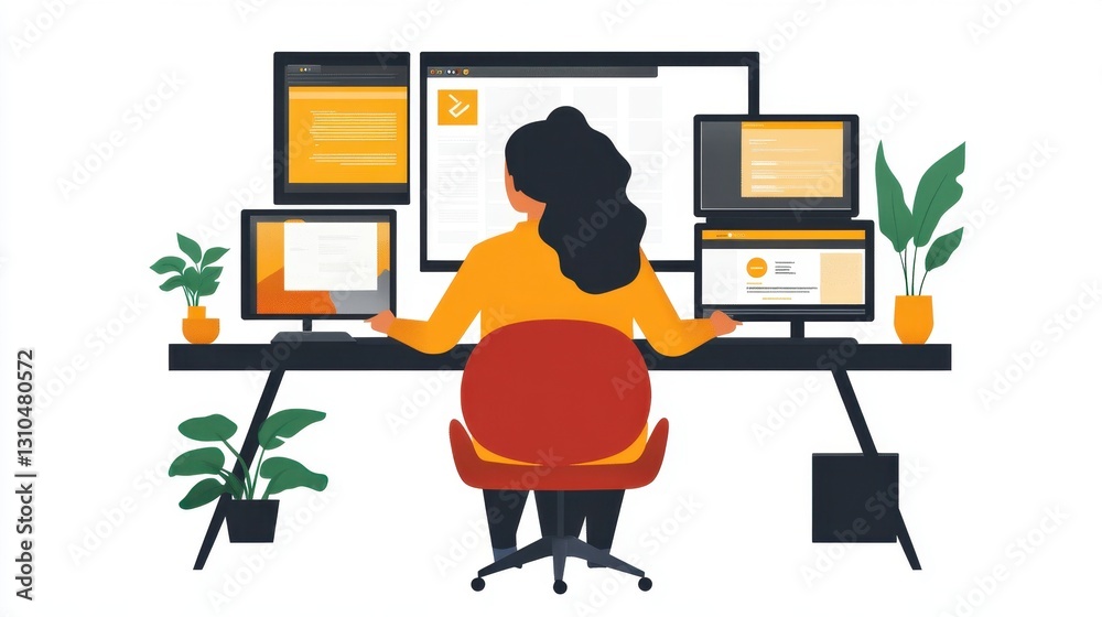 Fototapeta premium Woman in Yellow Shirt Working at Desk with Multiple Computer Screens