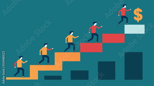 Progressive Steps A stairstep illustration showing individuals going up steps labeled with amounts like $10 $50 $100 representing how small investments accumulate towards owning