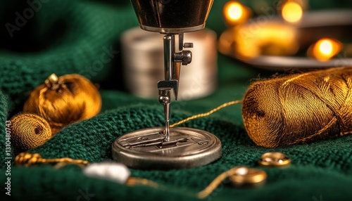 Close-up of Sewing Machine Needle and Golden Threads on Green Fabric with Bokeh Lights
