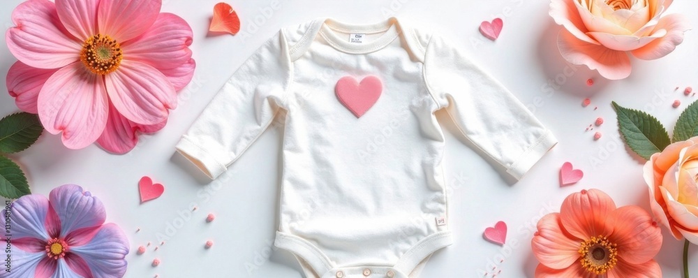 Pastel watercolor flowers surrounding a tiny onesie with a subtle heart pattern, delicate, nursery, baby shower Pastel watercolor flowers surrounding a tiny onesie with a subtle heart pattern, delicate, nursery, baby shower