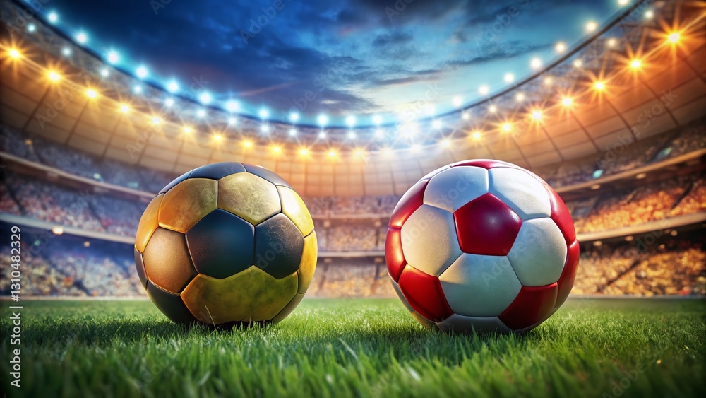 Fototapeta premium England vs Spain Soccer Match: Two Footballs in National Colors, Stadium Blurred Background