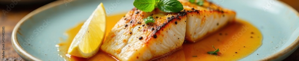 Close-up of fish on a plate with sauce and lemon , plate, citrus