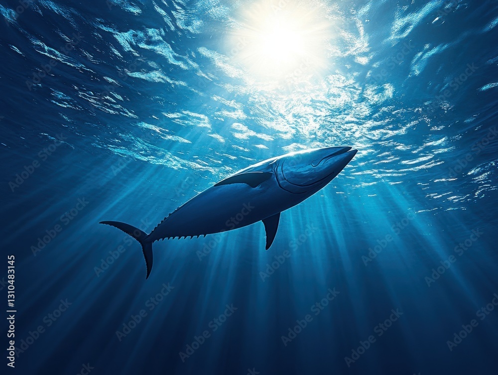 Naklejka premium Majestic blue fish swimming gracefully in sunlight beams floating through the ocean's surface showcasing marine life beauty and underwater serenity