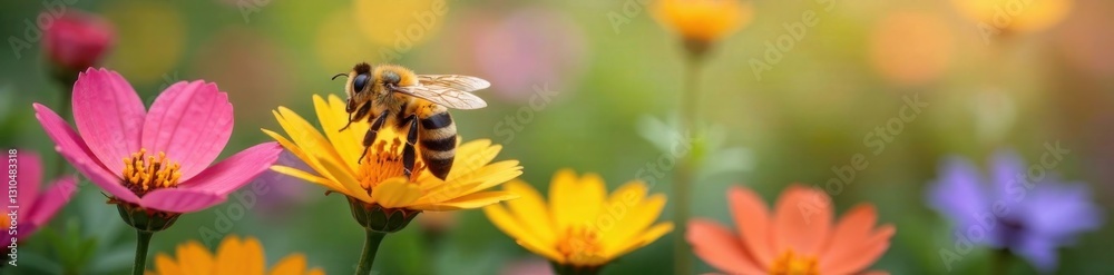 Happy bee surrounded by blooming flowers, bloom, flowers, happy Happy bee surrounded by blooming flowers, bloom, flowers, happy