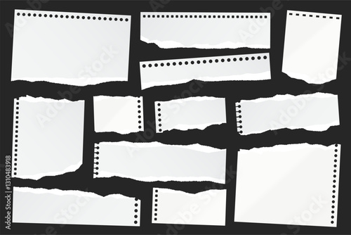 Ripped paper strips. Realistic crumpled paper scraps with torn edges. Shreds of notebook, book or old newspaper pages. Trendy collage elements. Vector illustration